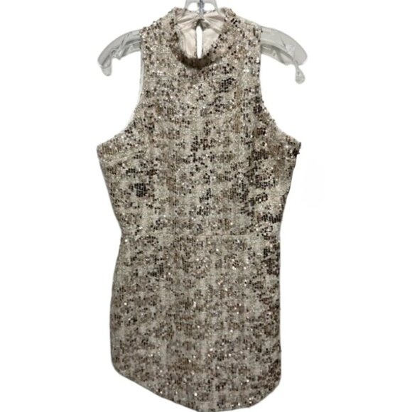 Amanda Uprichard Marshall Mini Dress Medium Gold Beige Sequin Mock Neck Revolve - Picture 8 of 9